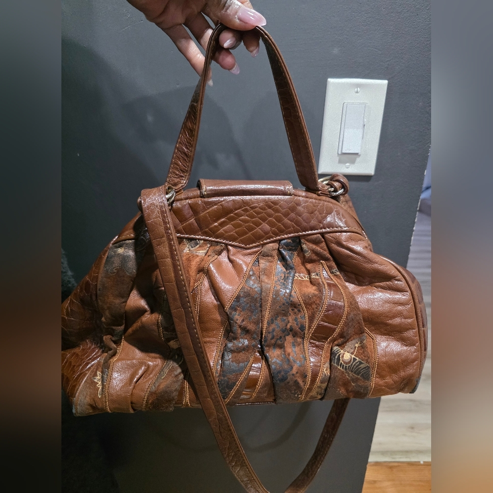 Vtg Brown Patchwork Croc Embossed Shoulder Bag 15… - image 4